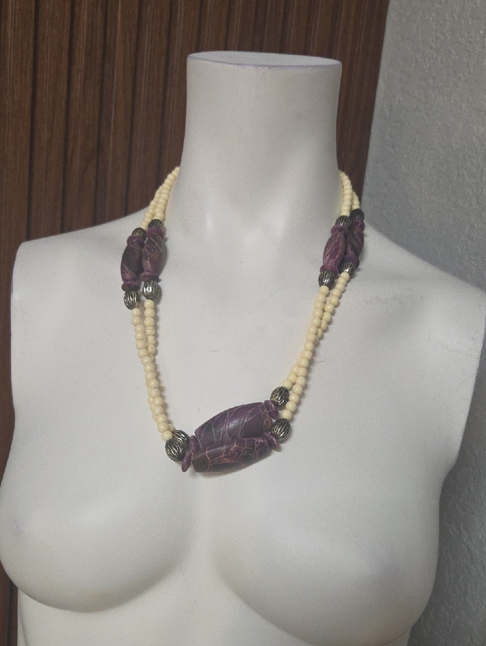 Purple and Cream Beaded Necklace with Statement Focal Beads Handmake